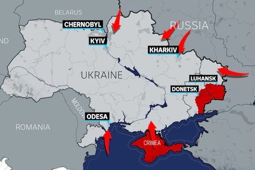俄罗斯入侵乌克兰的方位。
