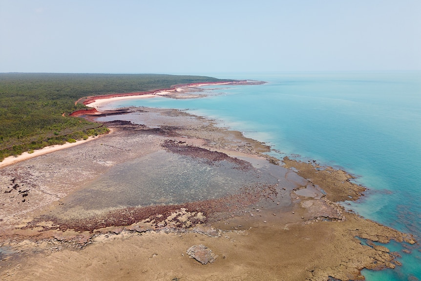 An aerial view of aqua blue water lapping along rocks with green scrub in the distance.