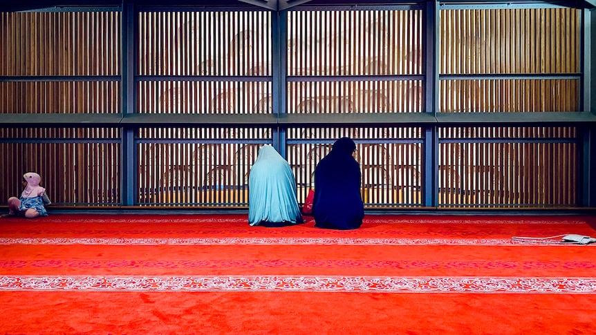 Two women, one in a light blue and one in a dark blue hijab sit on the red carpet of a mosque.