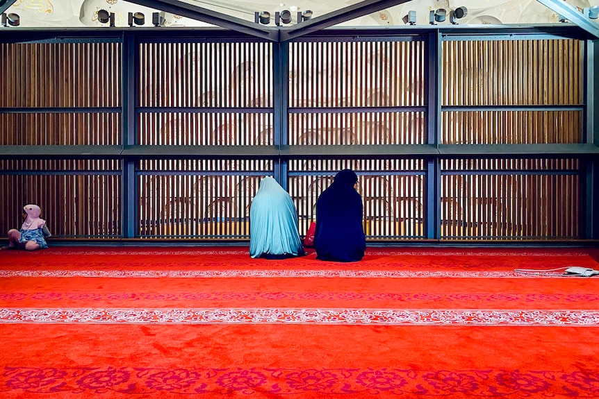 Two women, one in a light blue and one in a dark blue hijab sit on the red carpet of a mosque.