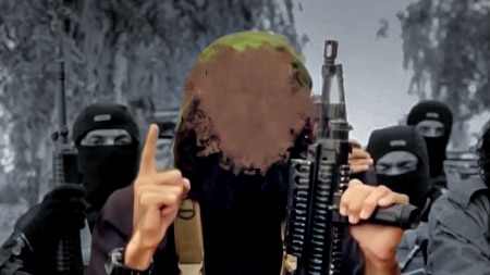 Graphic of a fighter making the ISIS sign, holding a machine gun with balaclava clad men in the background.