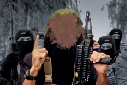Graphic of a fighter making the ISIS sign, holding a machine gun with balaclava clad men in the background.