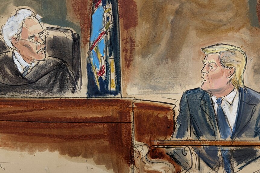 A court sketch of  Trump at witness stand speaking with a judge