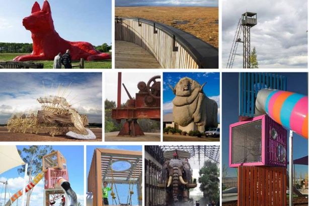 A composite illustration of digital concepts for a Big Thing attraction including a red sheepdog, tower, play structure and ram.