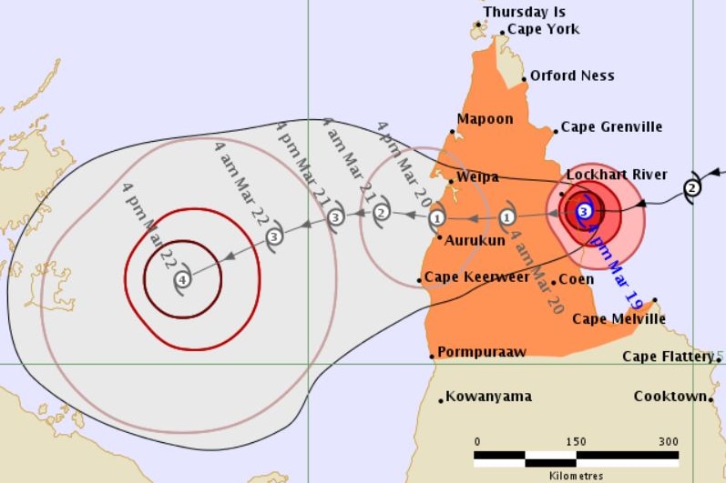 A Bureau of Meteorology map showing the forecast path of Severe Tropical Cyclone Trevor across the Cape York Peninsula.