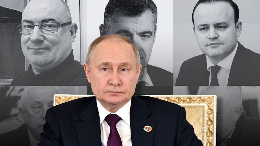Vladimir putin against a background collage of multiple men in black and white 