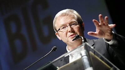 Prime Minister Kevin Rudd addresses the delegates during the summation and close of the 2020 summit in Canberra, Sunday, Apri...