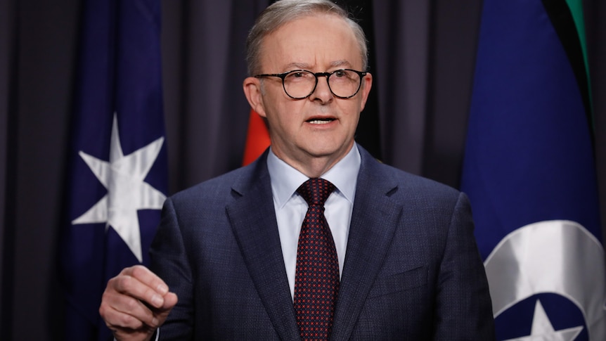 Albanese gestures with one hand while standing in front of national flags and a blue curtain.