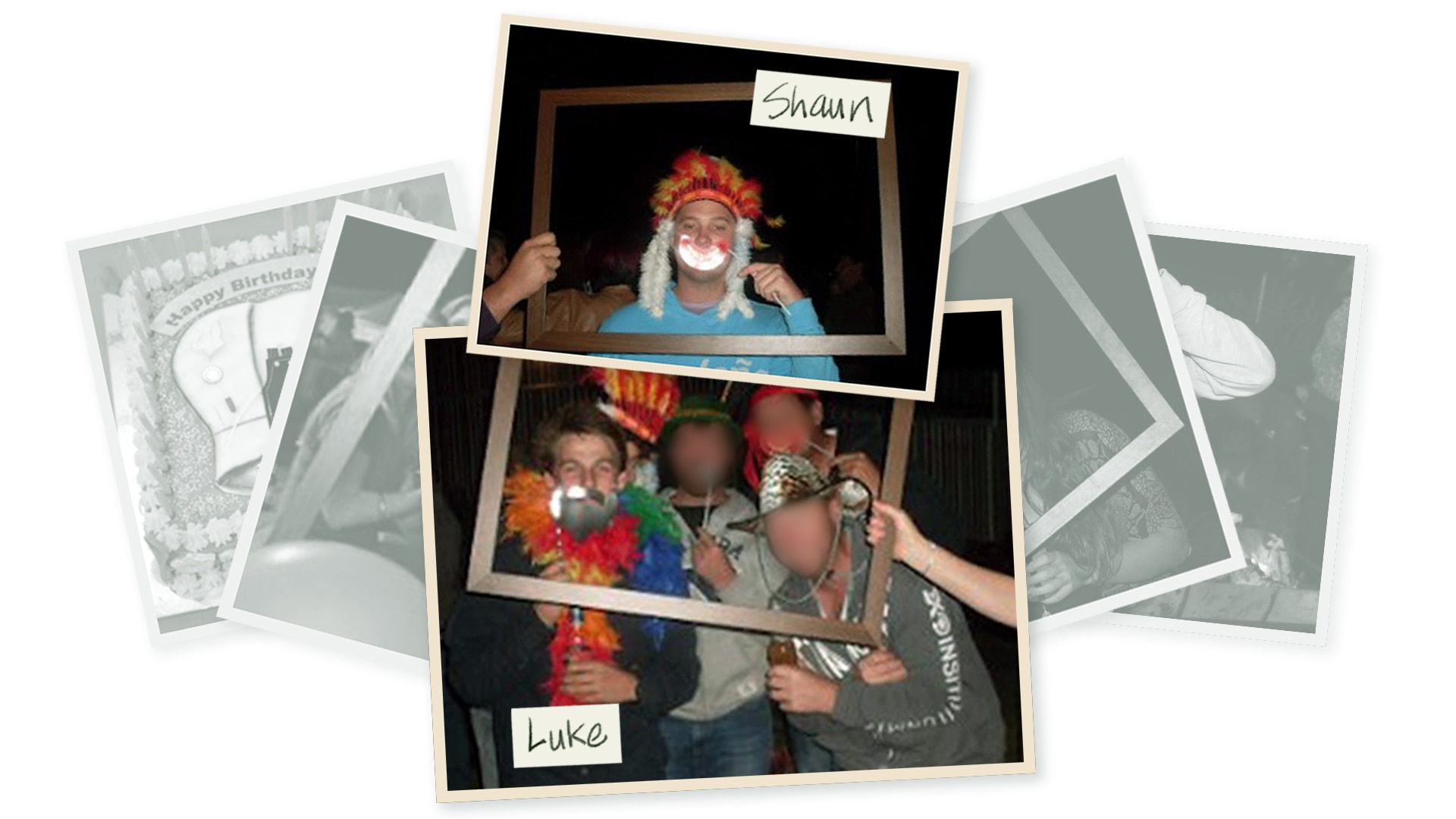 Photos of Luke and Shaun at a party, in fancy dress and posing in frames.