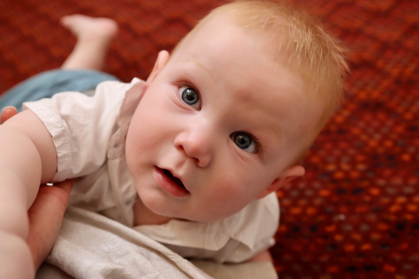 close up of baby with blue eyes looking up