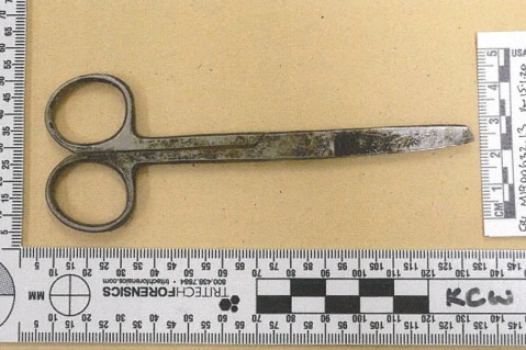 An image of the scissors used by Kumanjayi Walker shown to the jury during the Zachary Rolfe murder trial. 