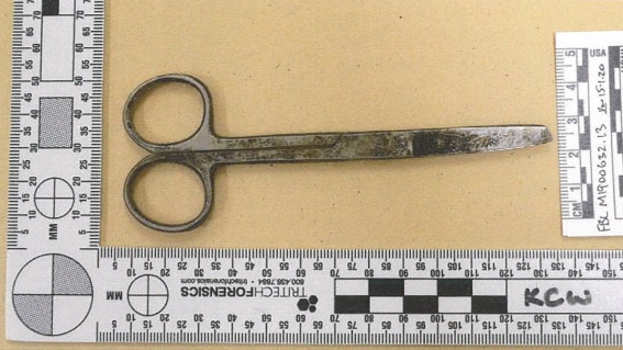 An image of the scissors used by Kumanjayi Walker shown to the jury during the Zachary Rolfe murder trial. 