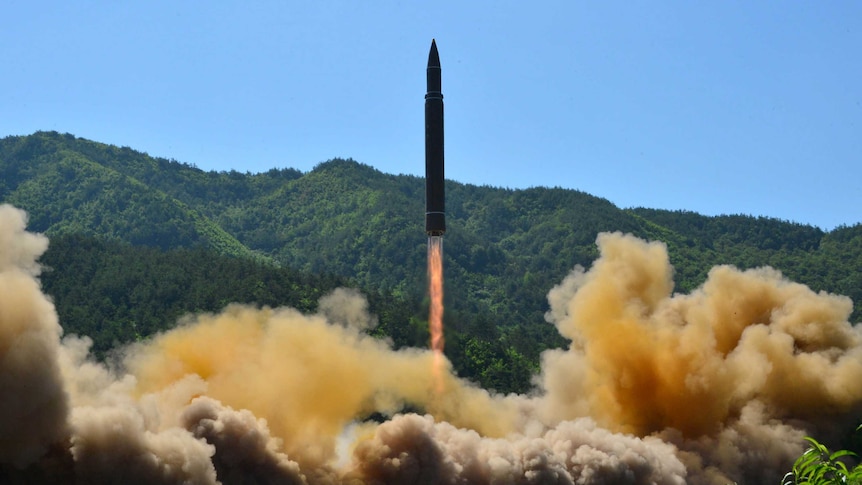 The intercontinental ballistic missile Hwasong-14 is seen during its test.