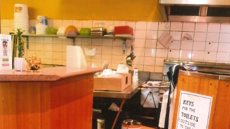 A scene from a fatal stabbing in the kitchen at the Ballarat Curry House in October 2016.