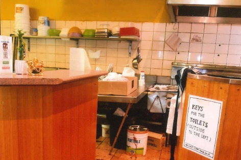 A scene from a fatal stabbing in the kitchen at the Ballarat Curry House in October 2016.