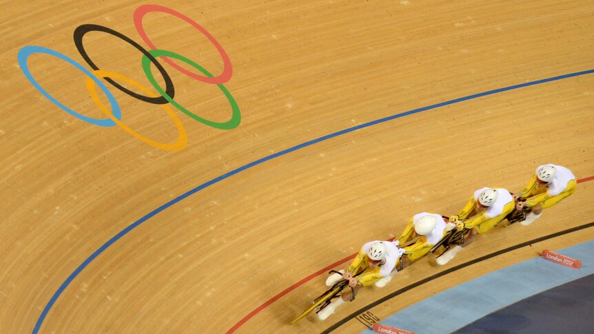 Australia competes in the track cycling men's team pursuit at the the London Olympic Games.