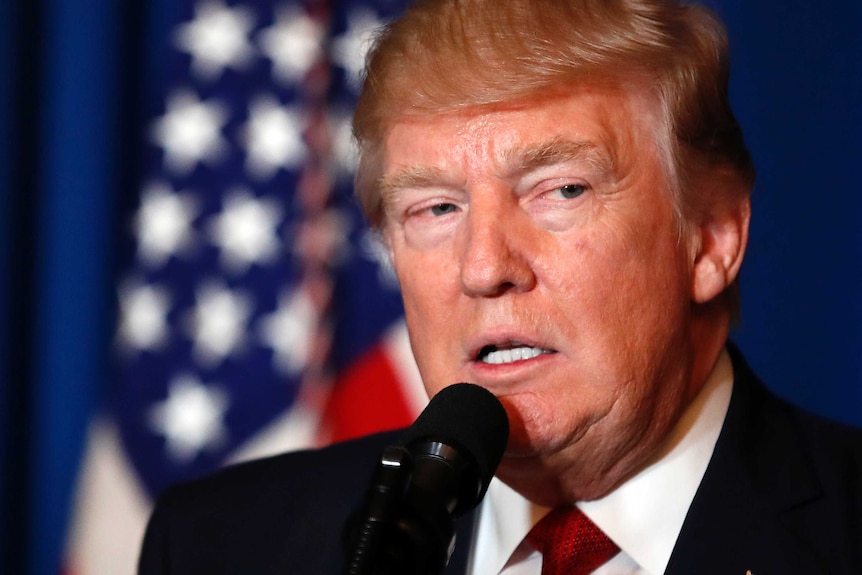 President Donald Trump speaks at Mar-a-Lago in Palm Beach.