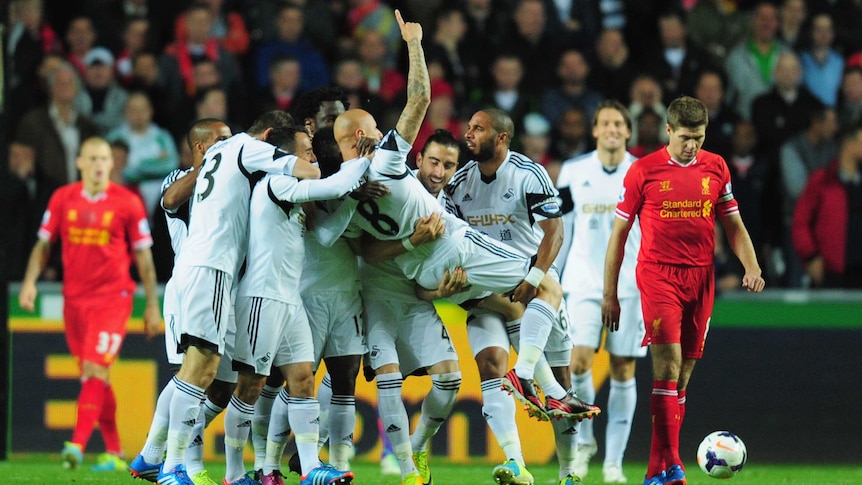 Swansea's Jonjo Shelvey celebrates his goal against Liverpool.