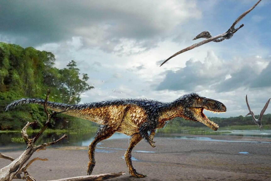 Illustration of a tyrannosaur Timurlengia euotica roaming a prehistoric terrain with dinosaur birds flying above.