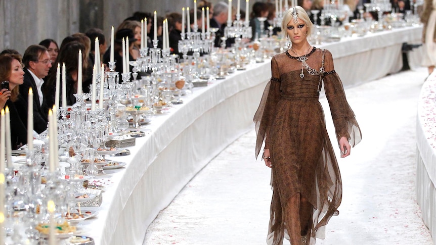 Anja Rubik on the runway for Chanel in Paris.