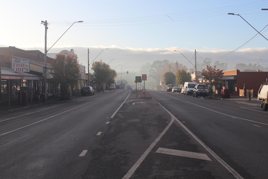 A misty morning in the main street of the small town of Beaufort.