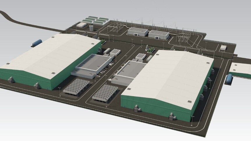 A 3D mockup of two large warehouse-like buildings and many electrical poles and wires.