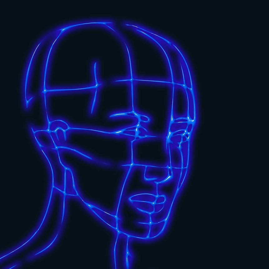 A blue drawing of a human head