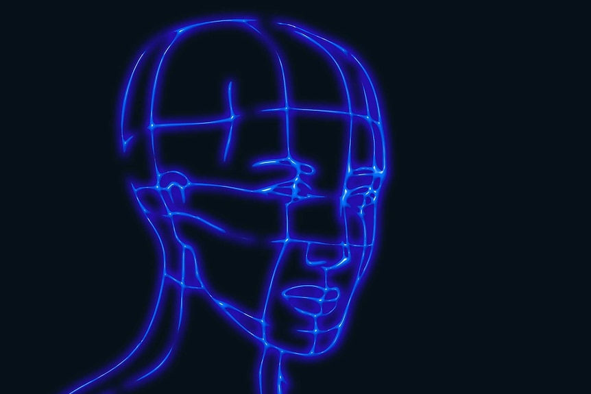 A blue drawing of a human head