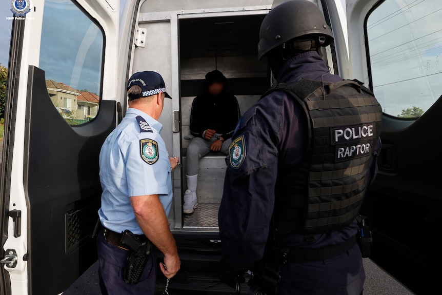 Police officers put a man in the back of a van