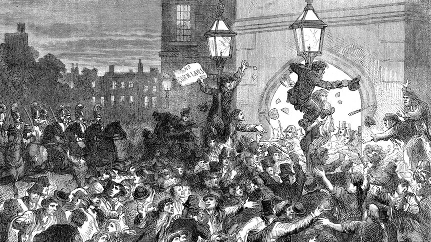 Black and white illustration of people gathering outside the House of Commons in protest.