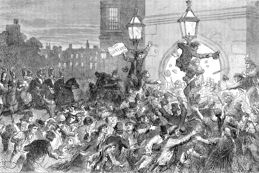 Black and white illustration of people gathering outside the House of Commons in protest.