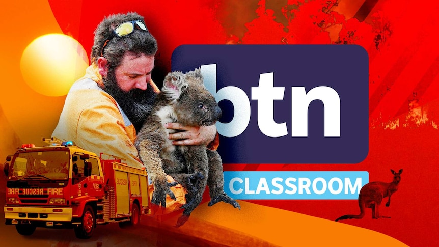A collage of various bushfire fighting scenes arranged around the BTN Classroom logo.