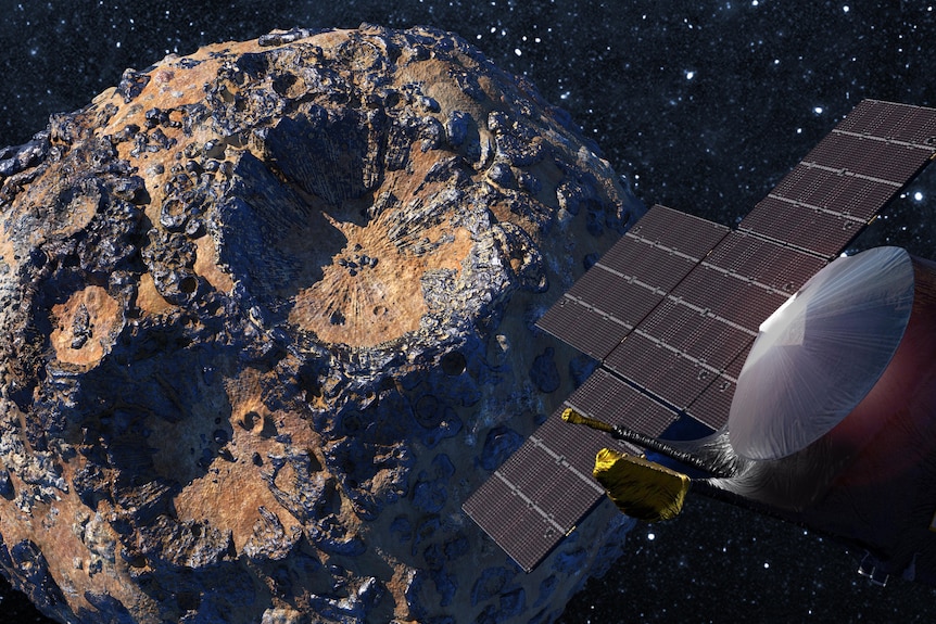 A spacecrafts solar panel is visible in the foreground, a large grey orange asteroid in the background
