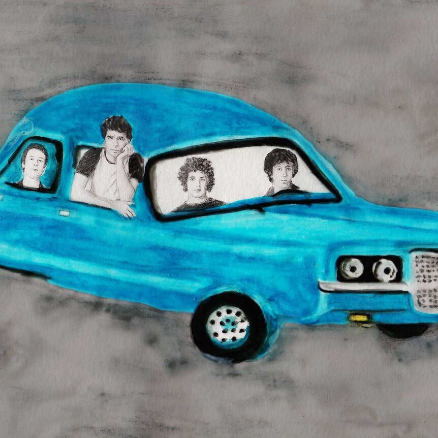 An illustration of Brisbane band Custard in a blue car from the cover of their 1995 album Wisenheimer