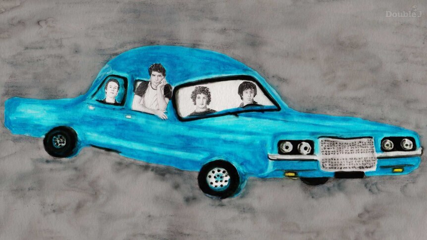 An illustration of Brisbane band Custard in a blue car from the cover of their 1995 album Wisenheimer