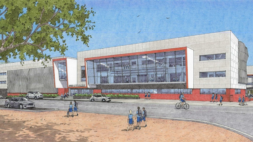 An artist's impression of the south side of the planned Inner City College in Subiaco, showing a multi-storey grey building.
