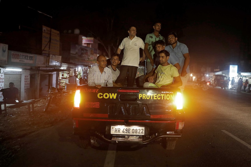 A group of men piled into the bed of a pickup truck labelled "cow protection".