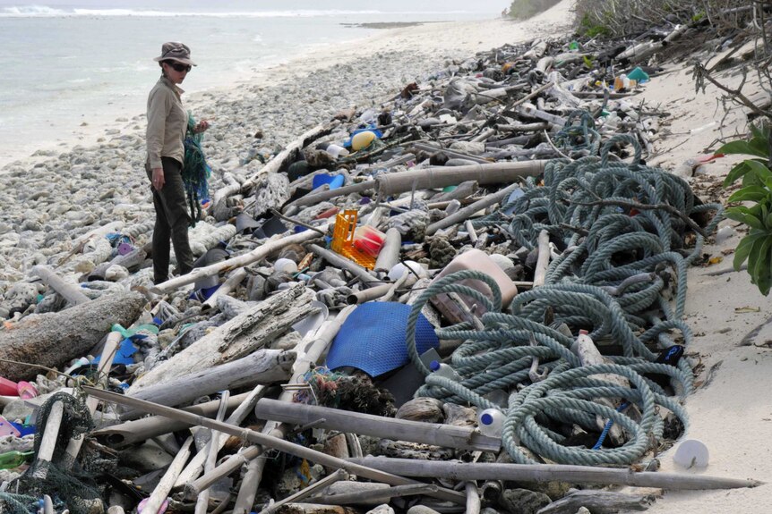 A researcher surveys the fishing equipment, plastic debris and driftwood washed up on a beach in the Cocos Islands