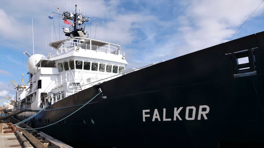 A big ship sits in a harbour.