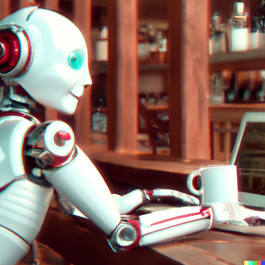 An AI-generated photorealistic image of a robot using a laptop computer, while sitting in a warm cafe