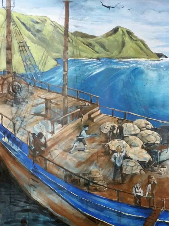 A painting shows Australian aborigines boarding an old sailing ship.