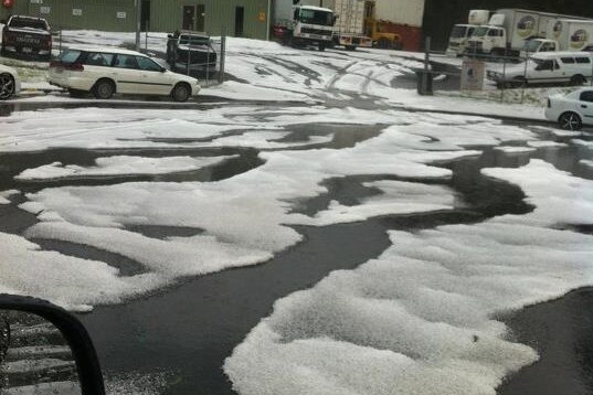 Hail on the ground at Kingston, south of Hobart, after a severe storm.