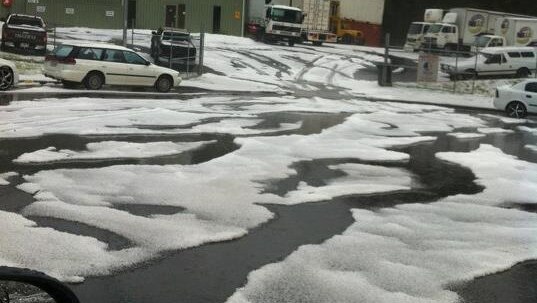 Hail on the ground at Kingston, south of Hobart, after a severe storm.