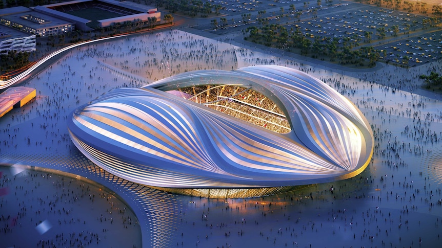 Colour rendering of the currently under construction Al Wakrah Stadium for the 2022 FIFA World Cup in Qatar.