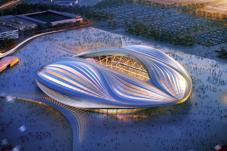 Colour rendering of the currently under construction Al Wakrah Stadium for the 2022 FIFA World Cup in Qatar.