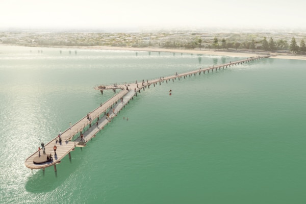 A birds eye view of the new Altona Pier redevelopment animation is pictured on a sunny day.