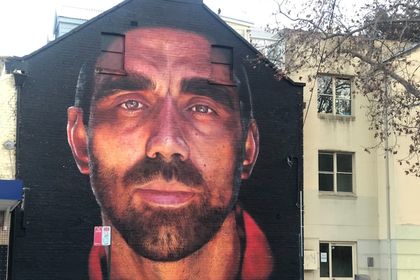 A mural of the face of Adam Goodes is painted on the side of the house on a black background