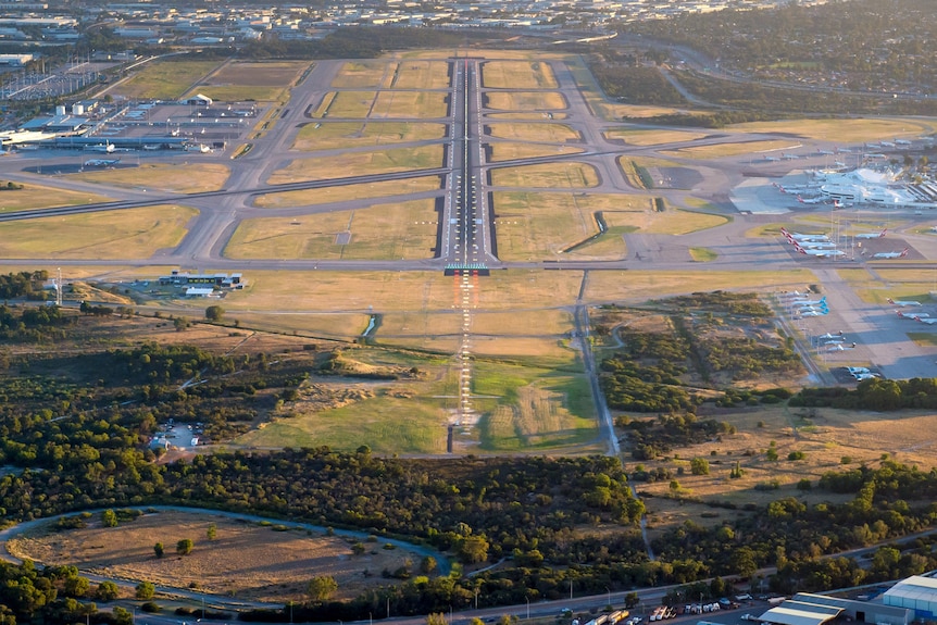 An aerial photo of Perth airport runway