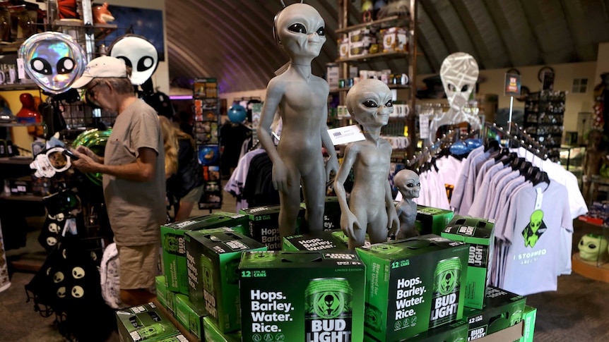 Boxes of alien themed beer are placed at the Alien Research Center in Hiko,