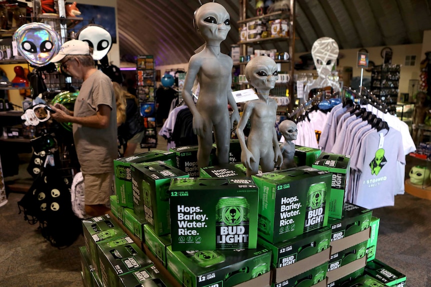 Boxes of alien themed beer are placed at the Alien Research Center in Hiko,